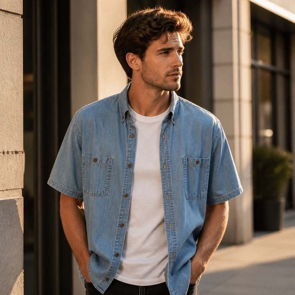 C.E. Schmidt Workwear Short Sleeve Denim Button-Up Work Shirt Light Blue 3X